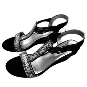 New York Transit Rhinestone Sandals Size 8 1/2M Silver Black Wedge